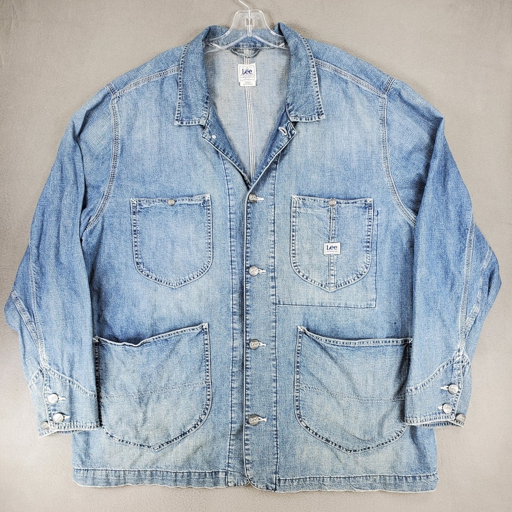 Vintage LEE Jeans Workwear Blue Denim CHORE COAT Jacket Size 2XL Light Wash
